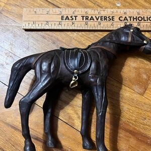 Vintage Handcrafted Leather Brown Horse Figurine Glass Eyes